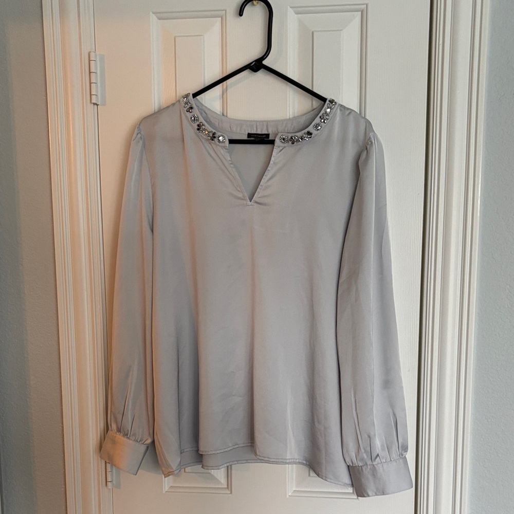 Ann Taylor Silver Blouse with Embellished Neckline